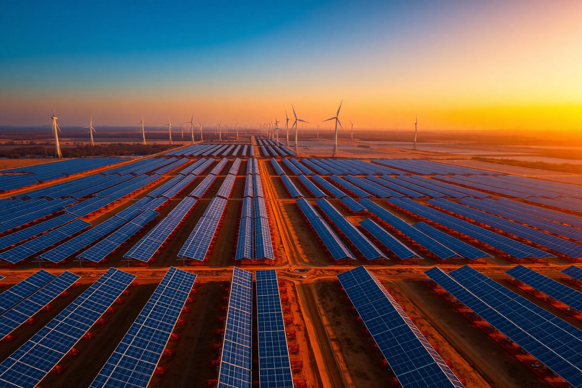 Solar panel and wind turbine energy farm at sunset